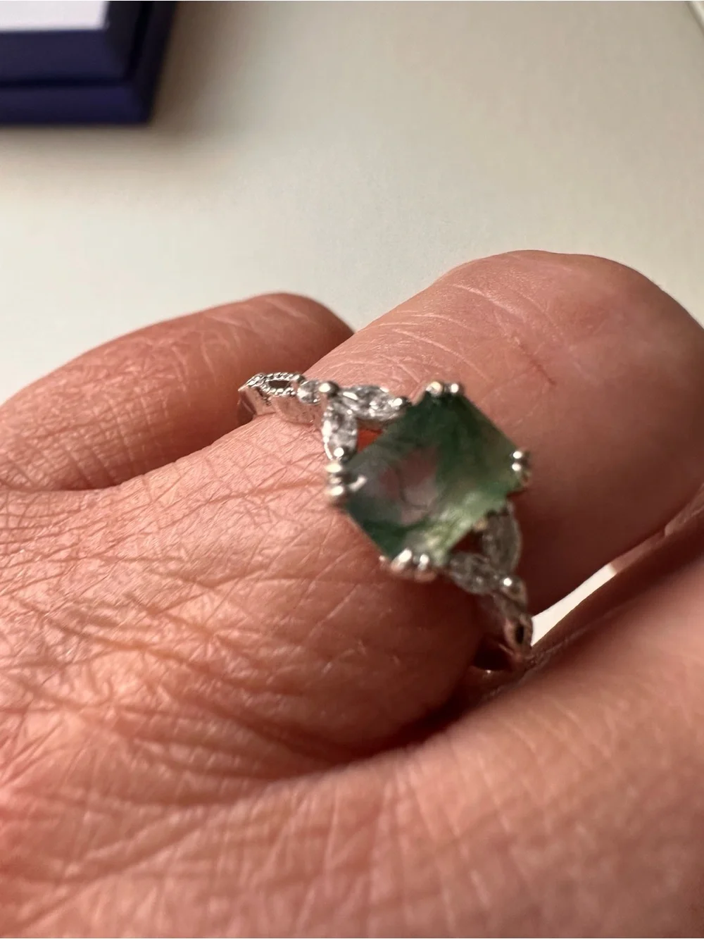 Sterling Silver Moss Agate Engagement Ring with Green Center Stone sz 7